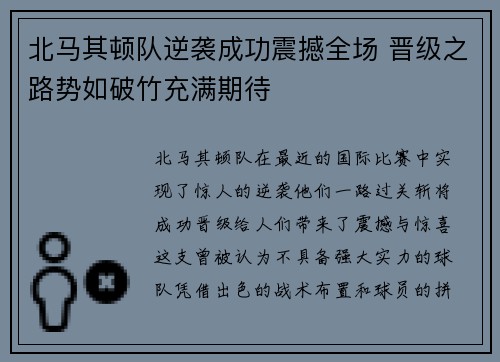 北马其顿队逆袭成功震撼全场 晋级之路势如破竹充满期待