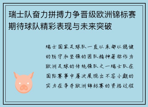 瑞士队奋力拼搏力争晋级欧洲锦标赛期待球队精彩表现与未来突破