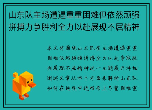 山东队主场遭遇重重困难但依然顽强拼搏力争胜利全力以赴展现不屈精神