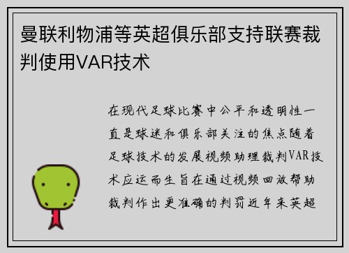 曼联利物浦等英超俱乐部支持联赛裁判使用VAR技术