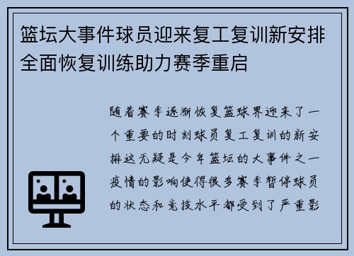 篮坛大事件球员迎来复工复训新安排全面恢复训练助力赛季重启